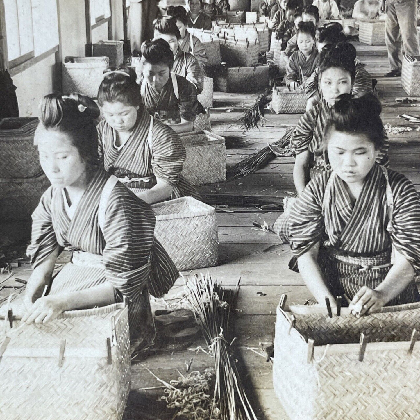 Antique 1904 Basket Factory Yoshiwara Fuji Japan Stereoview Photo Card P2122