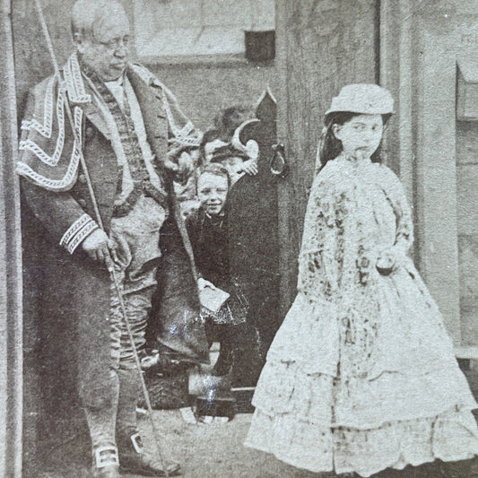 Antique 1870s Child Kicked Out Of Church Eating Apple Stereoview Photo Card 3084