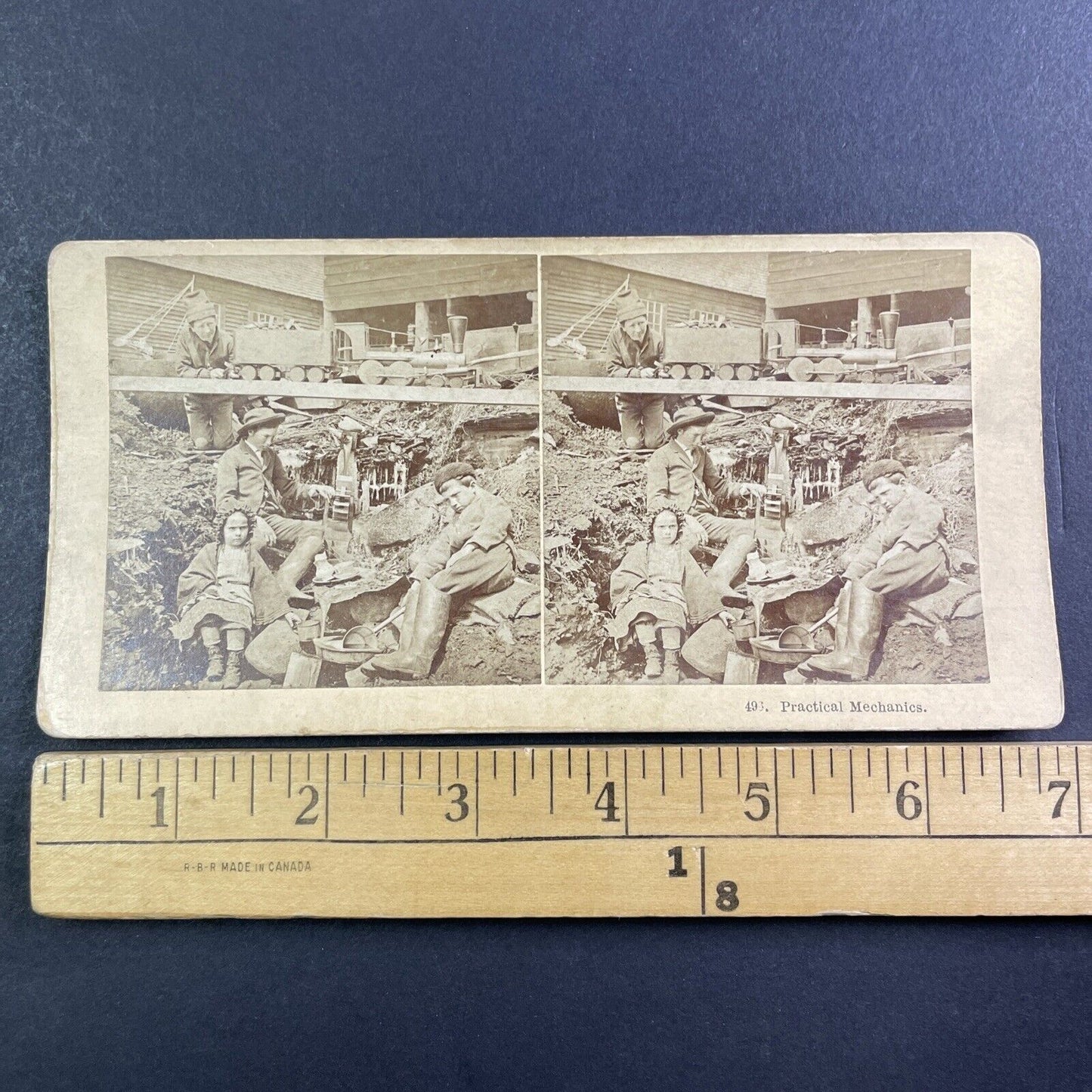 Children Play with Railroad Wood Train Toys Stereoview Antique c1890s X4077