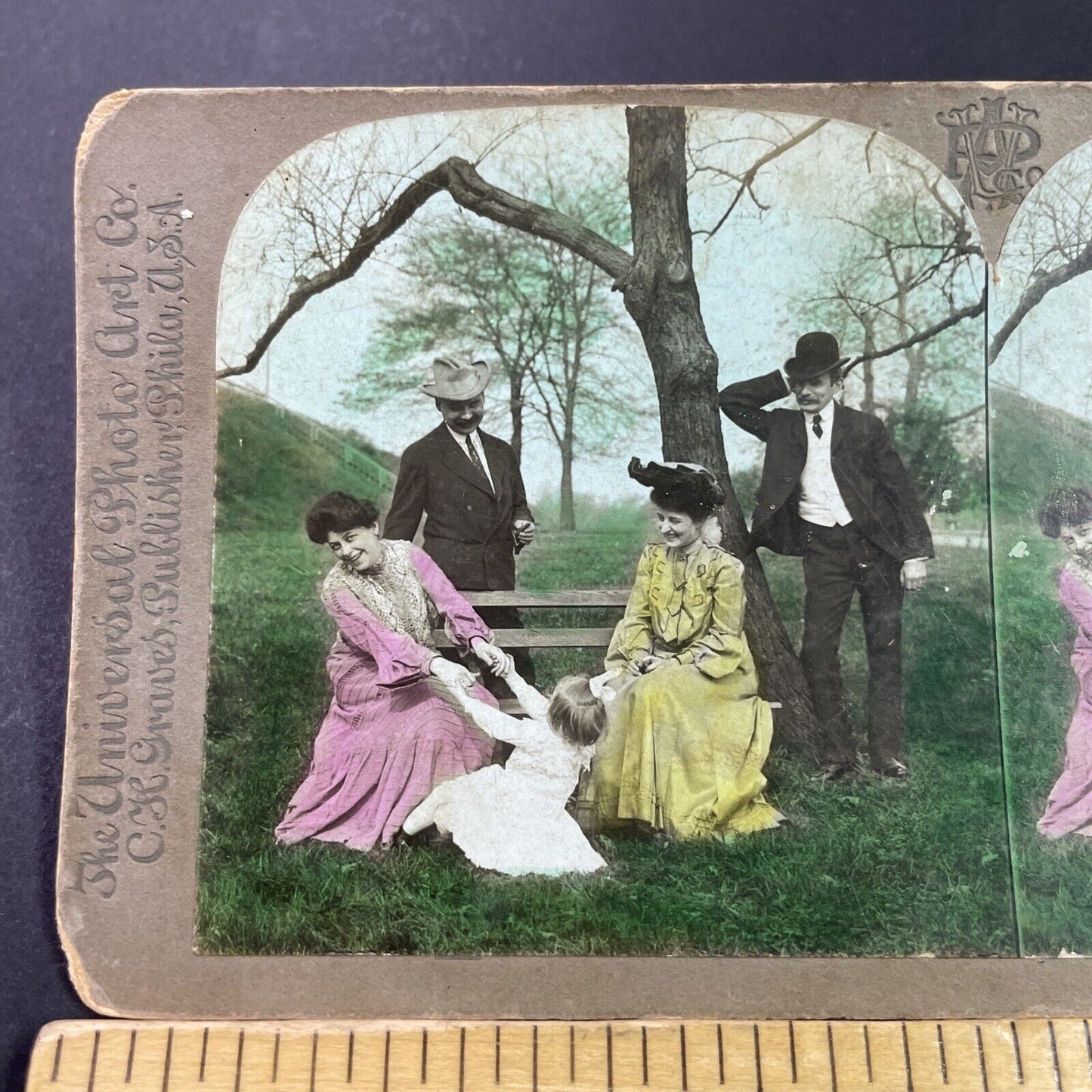 Antique 1903 A Family Relaxes In A Public Park Stereoview Photo Card P3451