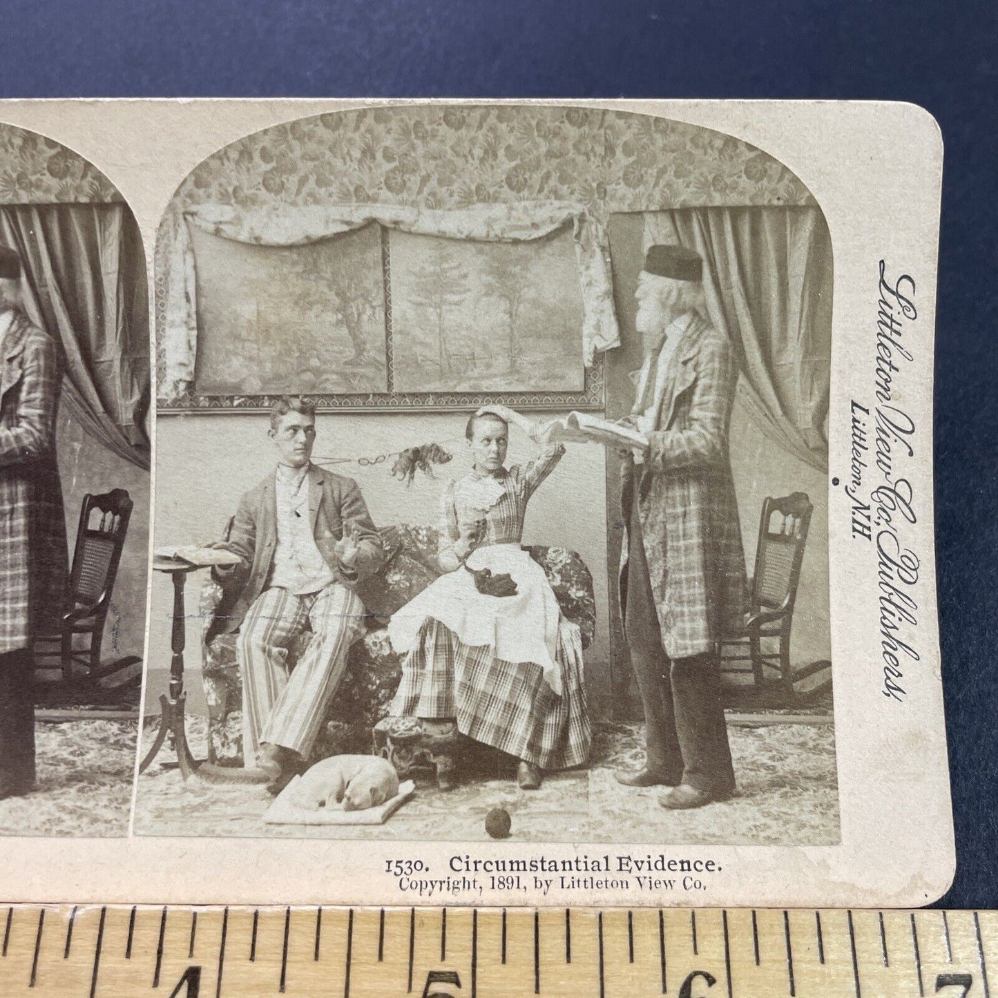 Antique 1891 Man & Woman Tied Together After Kissing Stereoview Photo Card P4097