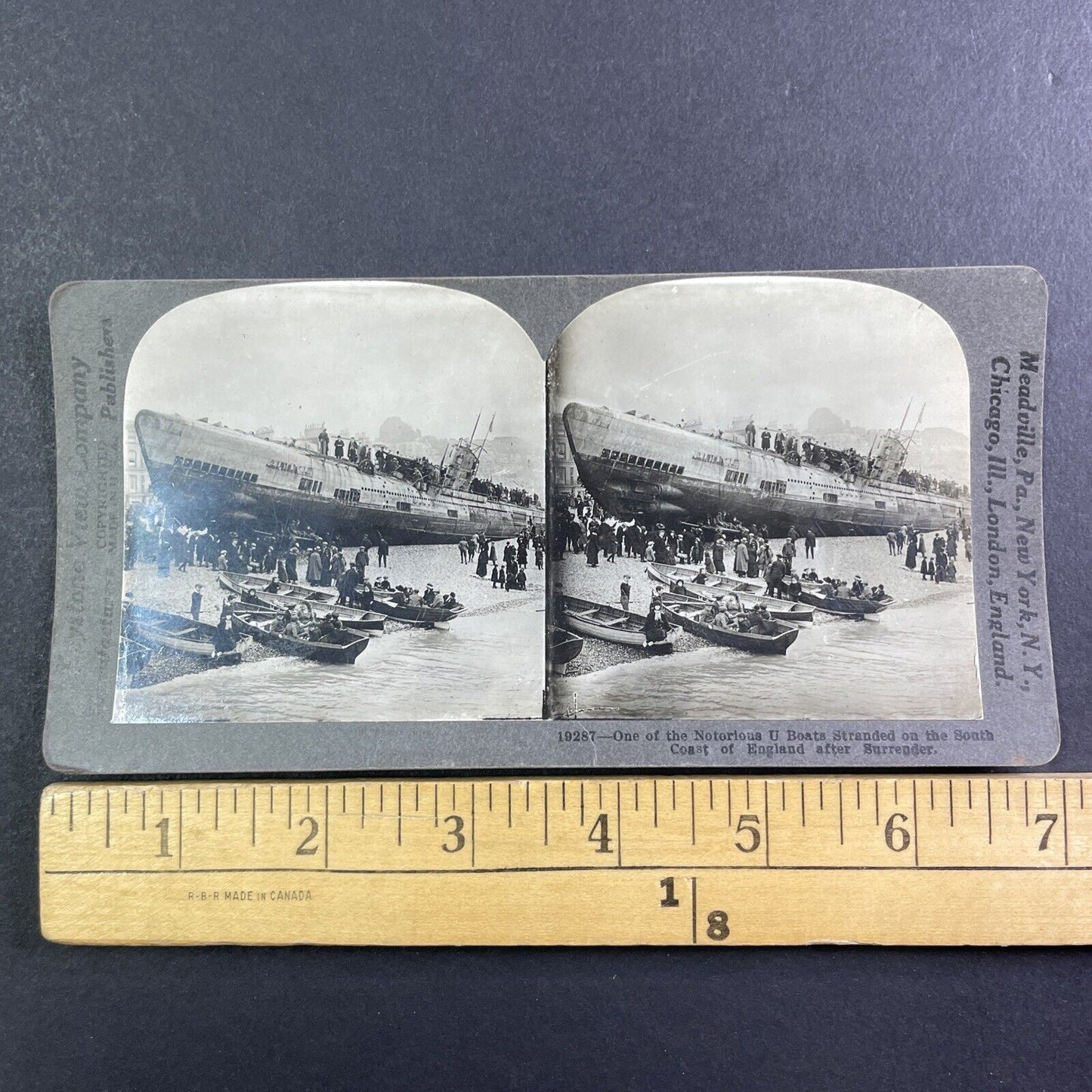 German U-Boat Crashes Into Shore Stereoview World War I WW1 Antique c1918 Y155