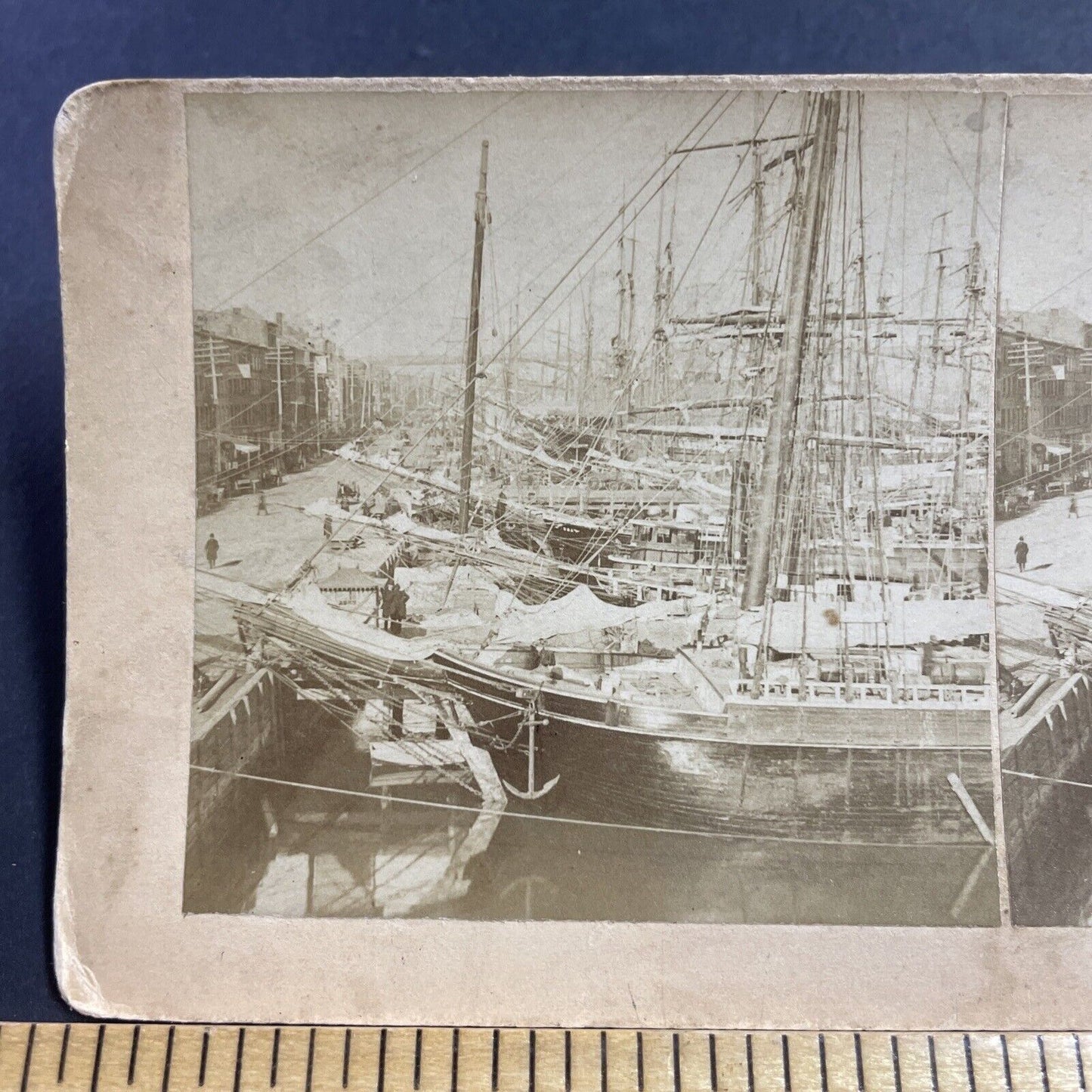 Antique 1890s Cargo Ships In Manhattan Pier NY Stereoview Photo Card P1980-16