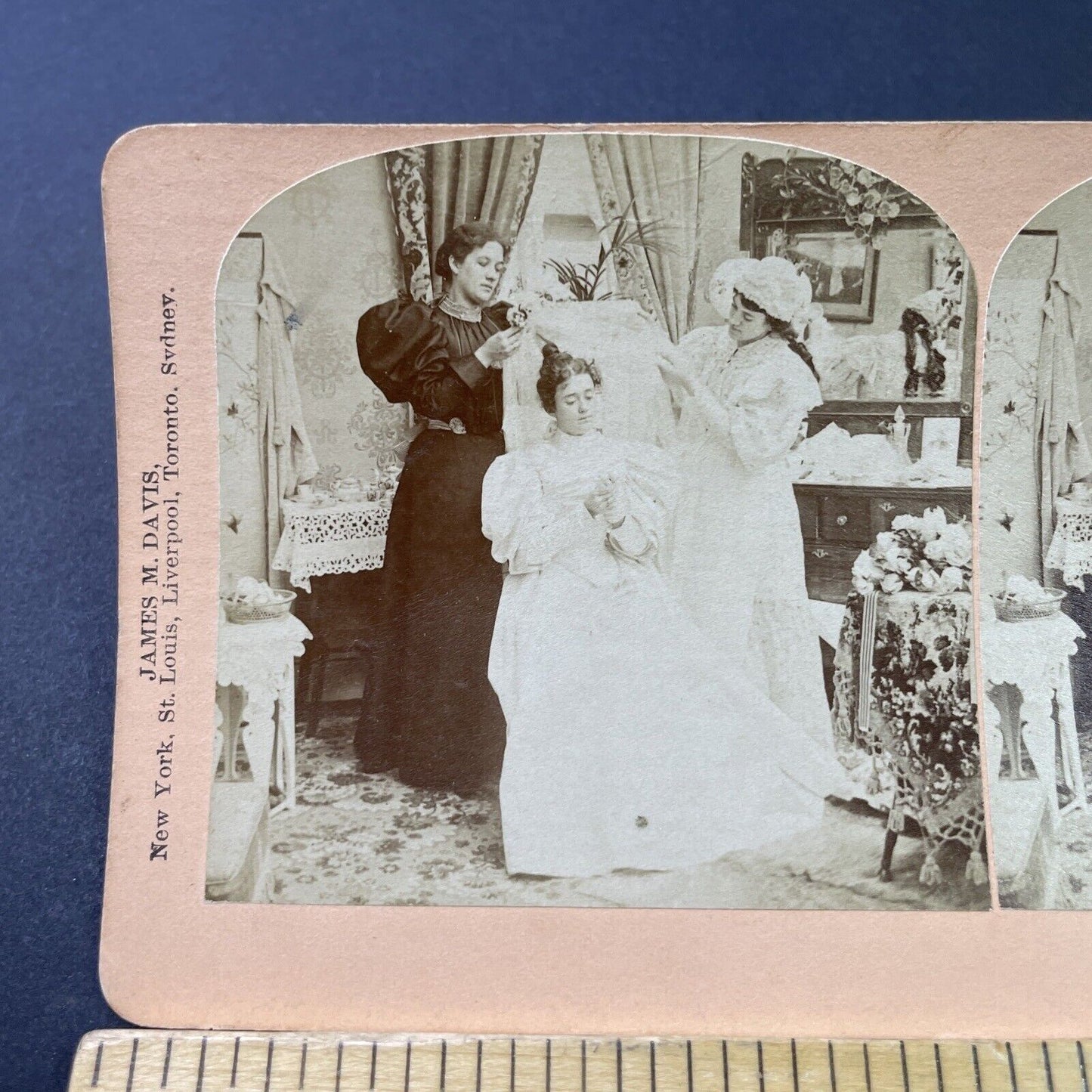Antique 1897 Putting A Veil On A Victorian Bride Stereoview Photo Card P2951