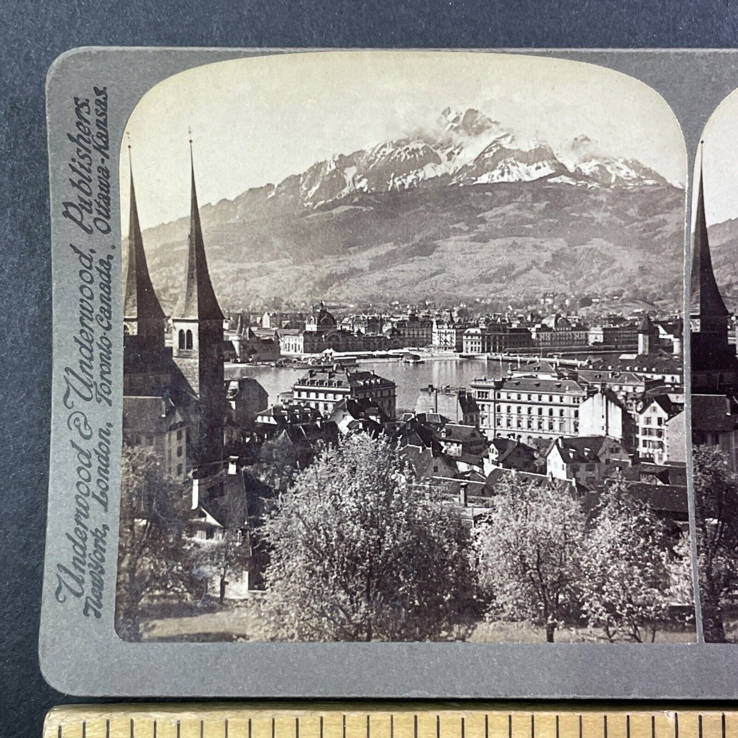 Lucerne Switzerland City View Stereoview Pilatus Mountain Antique c1902 Y495