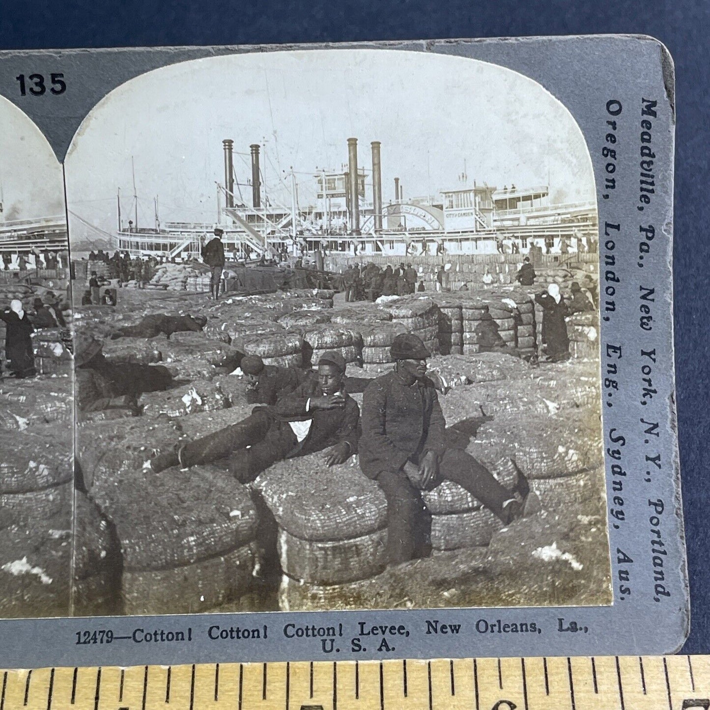 Antique 1902 Loading Cotton Steamships New Orleans Stereoview Photo Card P2137