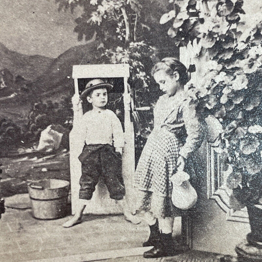 Antique 1860s Children Fetching Water (Boredom) Stereoview Photo Card P1199