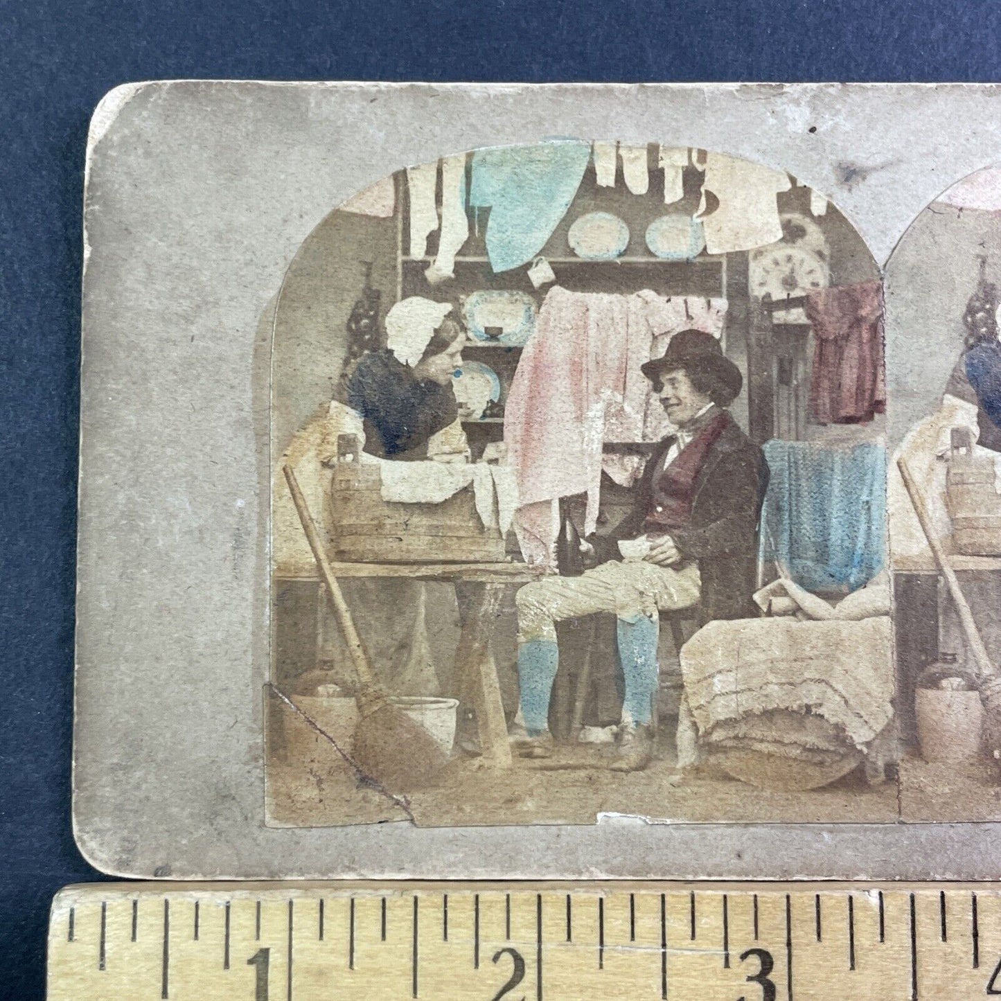 Wife Does Laundry Husband Drinks Tea Stereoview Antique c1860 X3701