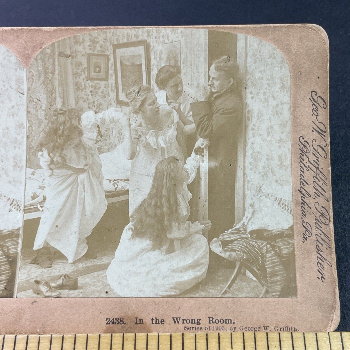 Antique 1903 Man Spies On Women Getting Dressed Stereoview Photo Card P3352