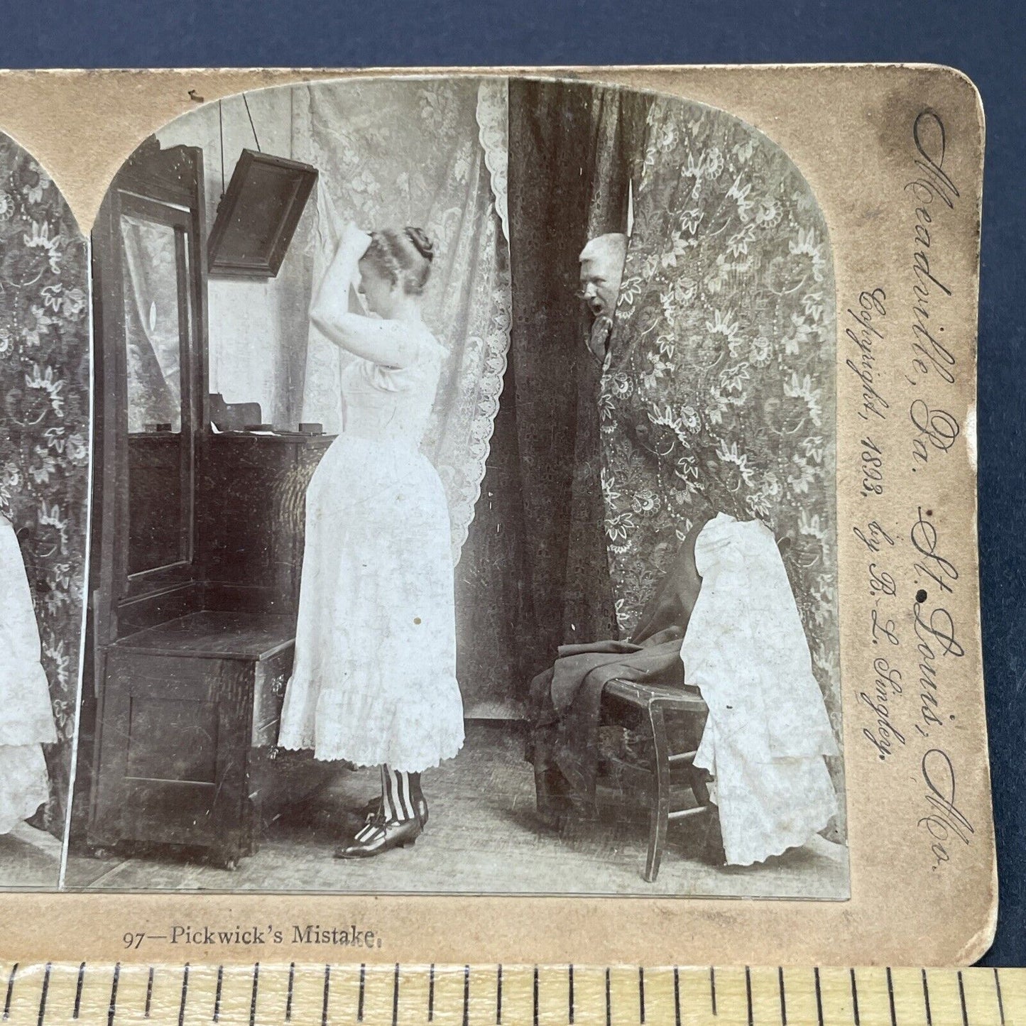 Antique 1893 Man Spies On Woman In Underwear Stereoview Photo Card P2682