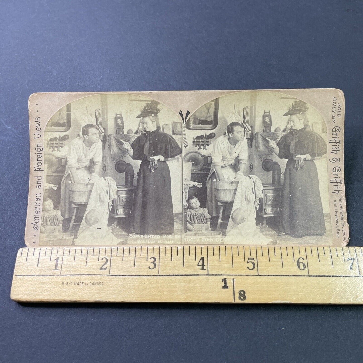Antique 1896 Woman Scolds Man Doing Laundry Stereoview Photo Card P2872