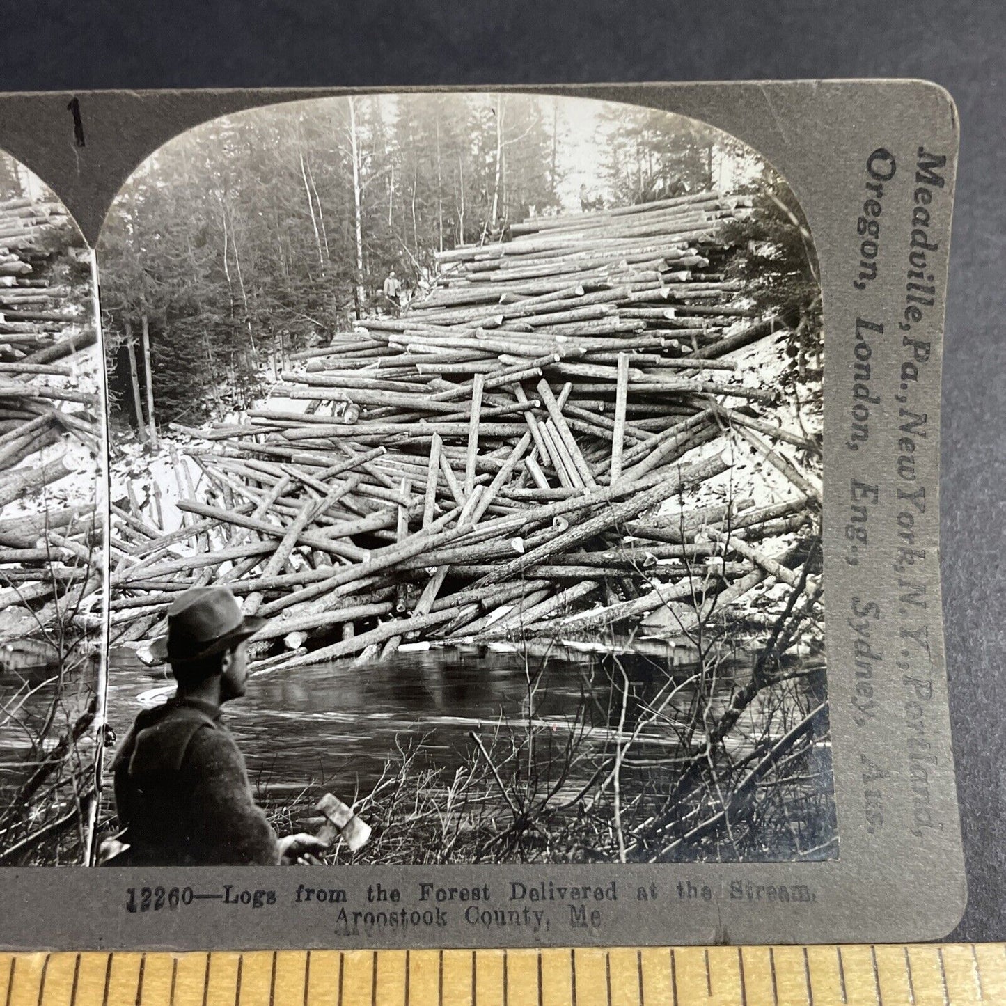 Antique 1910s Log Drivers Clear A Log Jam In Maine Stereoview Photo Card P4885