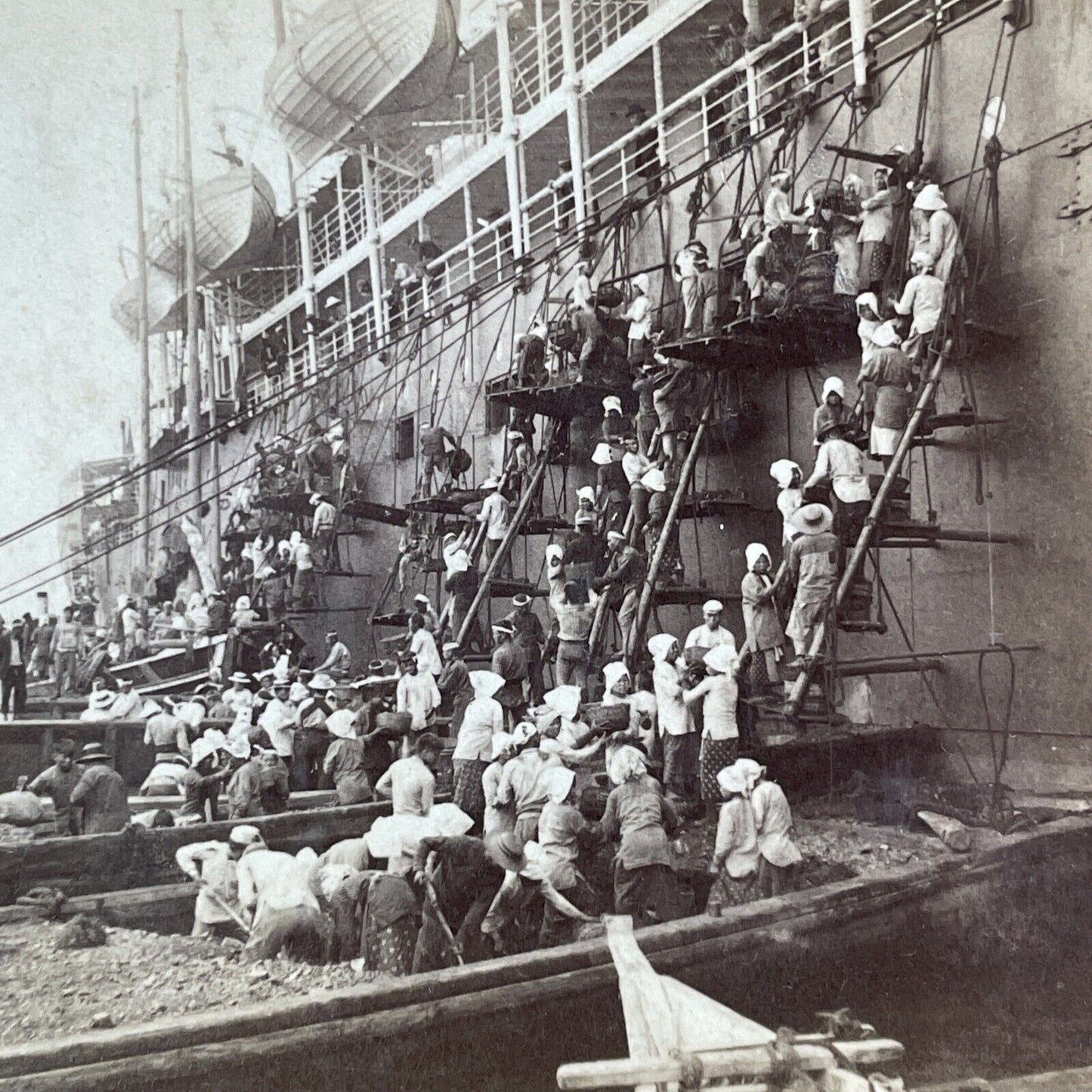 Loading a Coal Ship by Hand with Buckets Stereoview Nagasaki c1904 Y2796