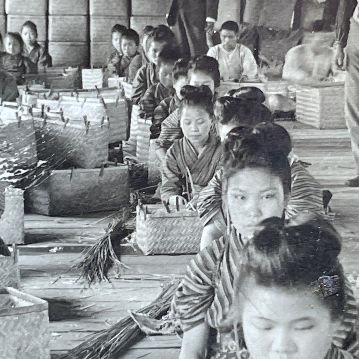 Antique 1920s Teenage Girls Making Baskets Japan Stereoview Photo Card P2058