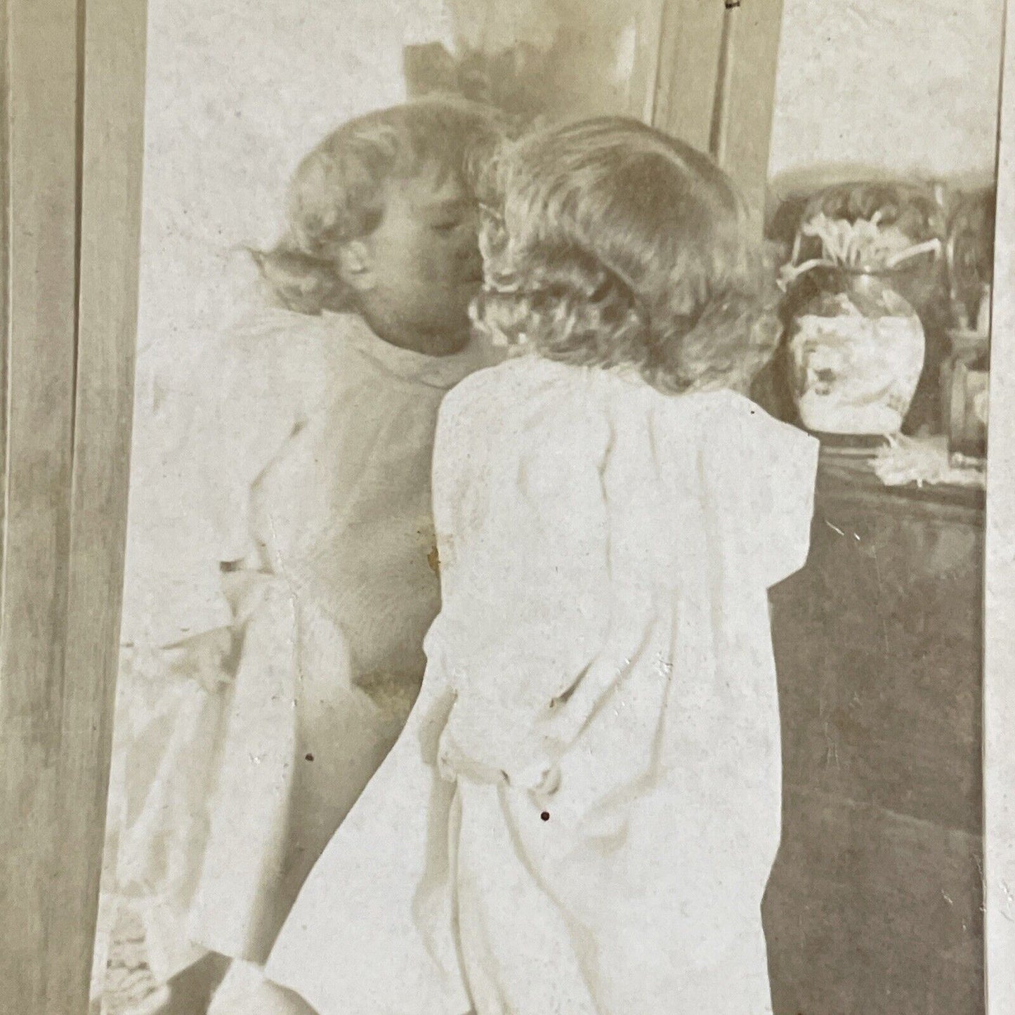 Antique 1880s Child Kisses Herself In The Mirror Stereoview Photo Card P4650
