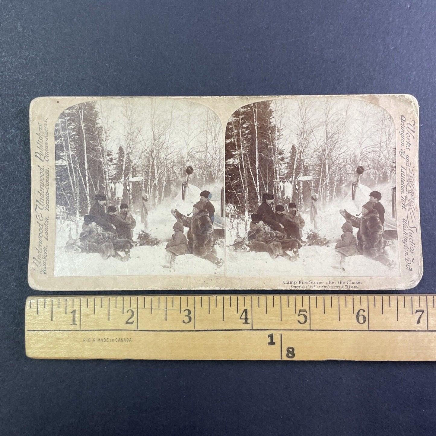 Hunters at a Winter Campfire Stereoview Strohmeyer Antique c1894 Y1390