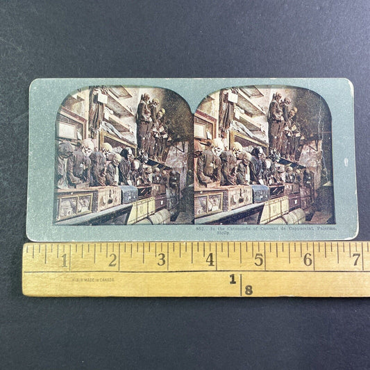 Skulls And Skeletons Hung On A Wall Stereoview Sicily Italy Antique c1910 X1565