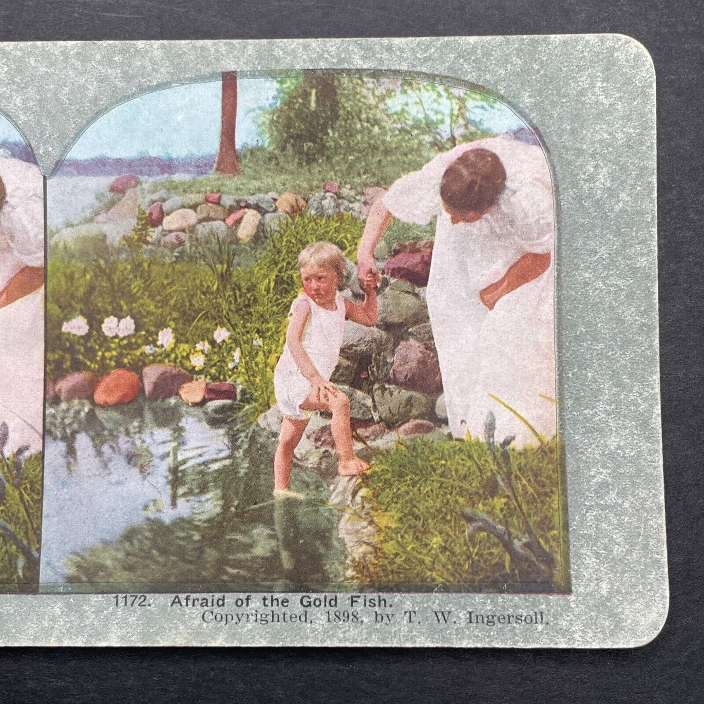 Antique 1898 Child Playing In A Frog Pond Stereoview Photo Card P580-002