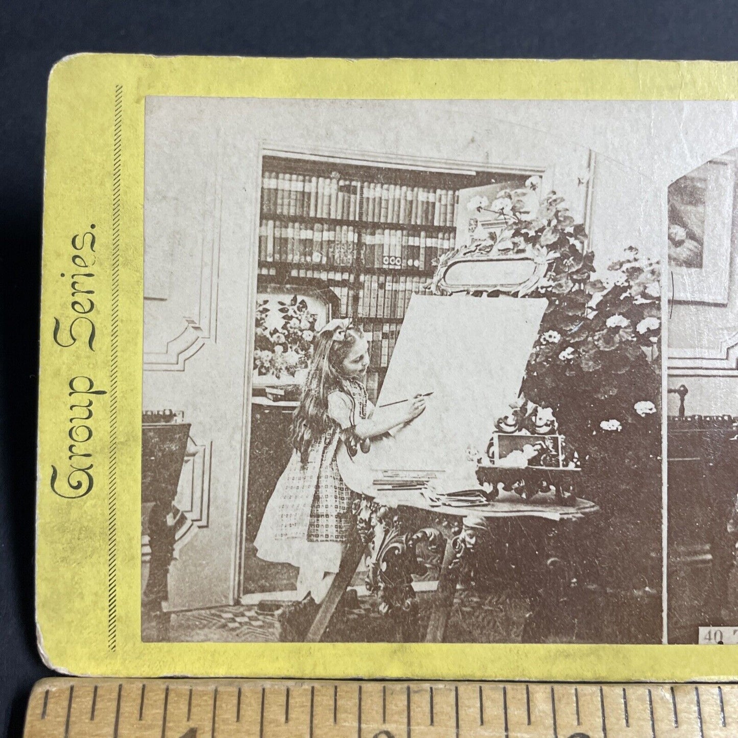 Antique 1870s Little Girl Drawing Art Artist Stereoview Photo Card P4817