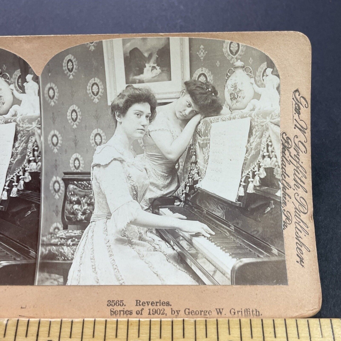 Antique 1902 Sisters Practice Piano Together Stereoview Photo Card P3540