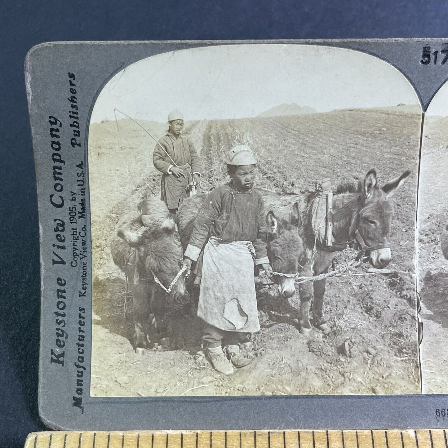 Antique 1905 Chinese Children Farming Soil China Stereoview Photo Card P2219