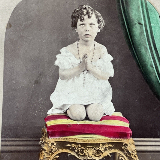 Antique 1870s Catholic Girl Praying To God Stereoview Photo Card P2460-08