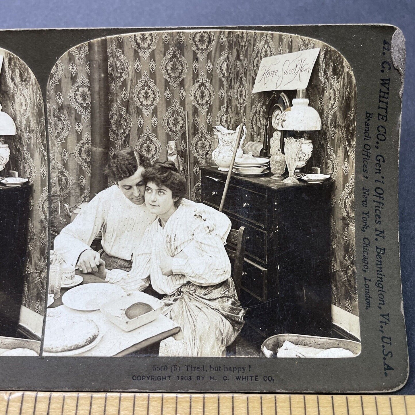 Antique 1903 Happy Couple Snuggle At Dinner Time Stereoview Photo Card P2703