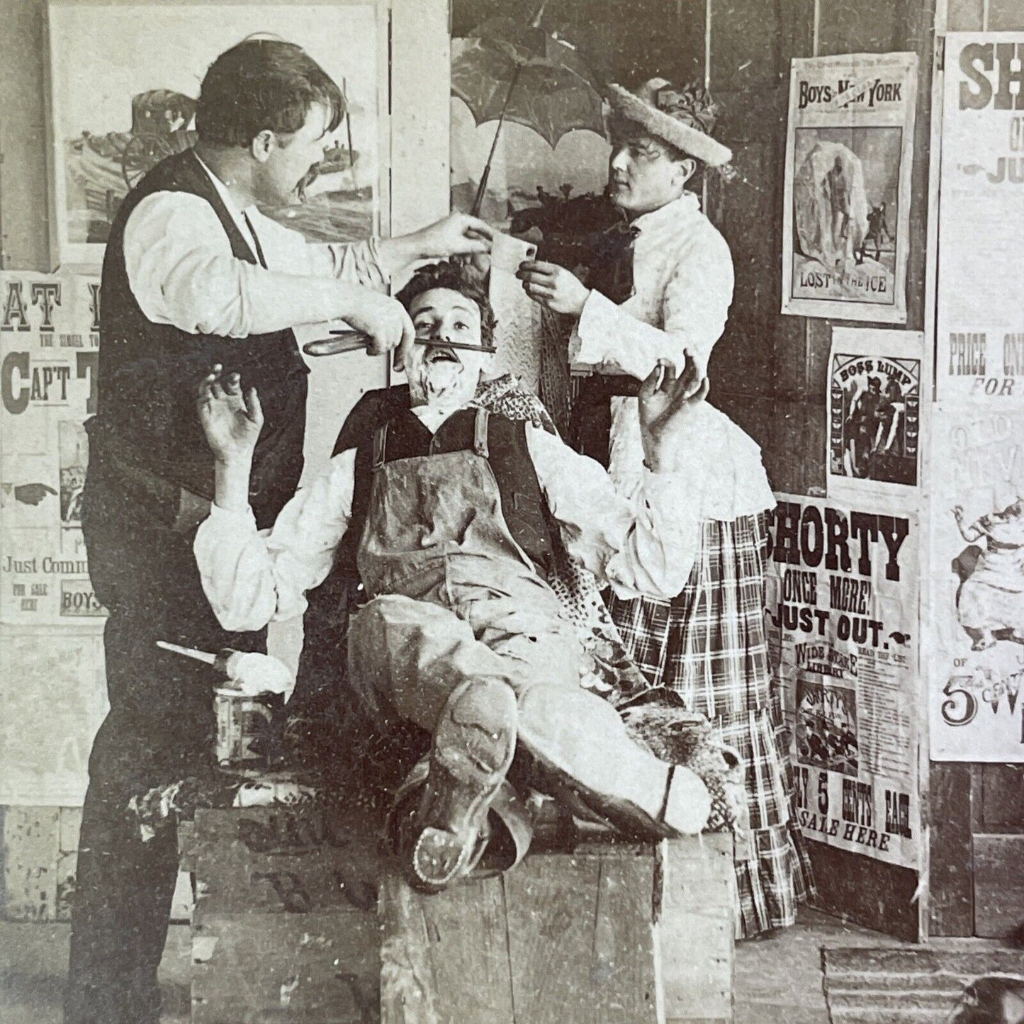 Victorian Barber Shop Shave Stereoview BW Kilburn Antique c1883 X4109