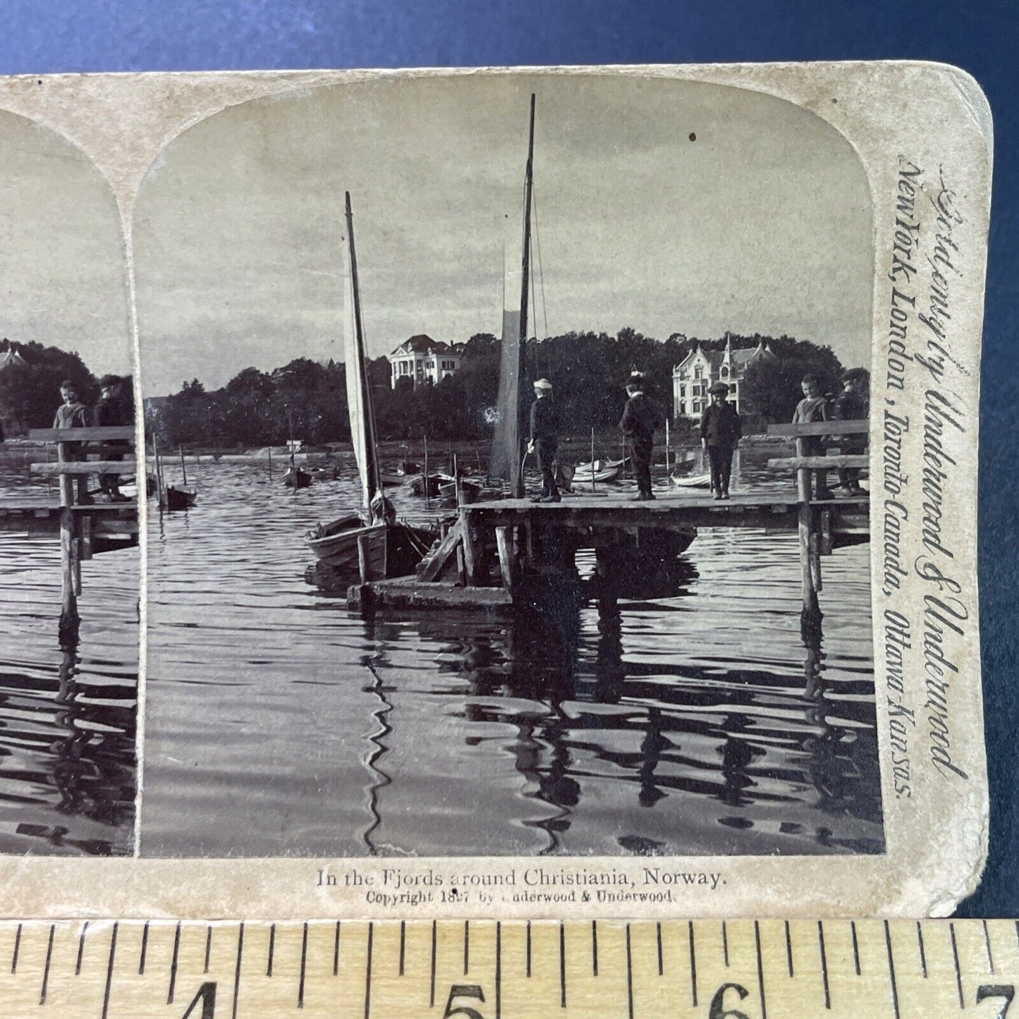 Antique 1897 Oslo Norway Pond & Sailboats Stereoview Photo Card P3922