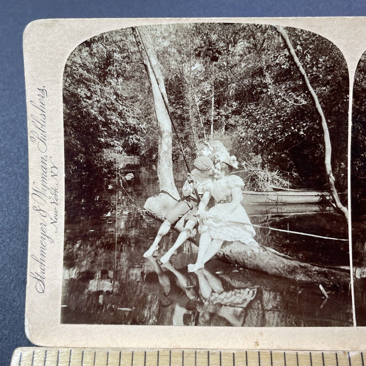 Antique 1899 Man And Woman Kissing & Fishing Stereoview Photo Card V3290