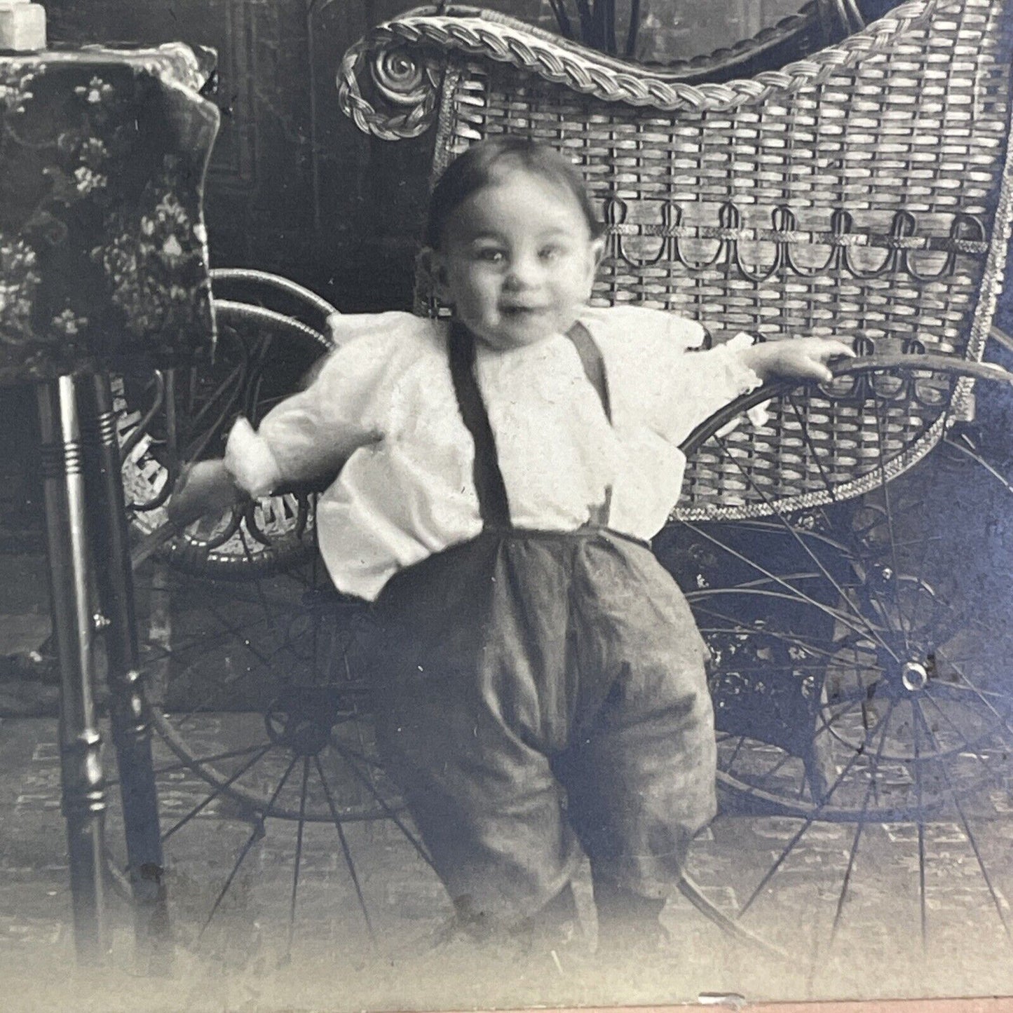 Baby is Strapped to a Pram Carriage for Photo Stereoview c1880s Y1319