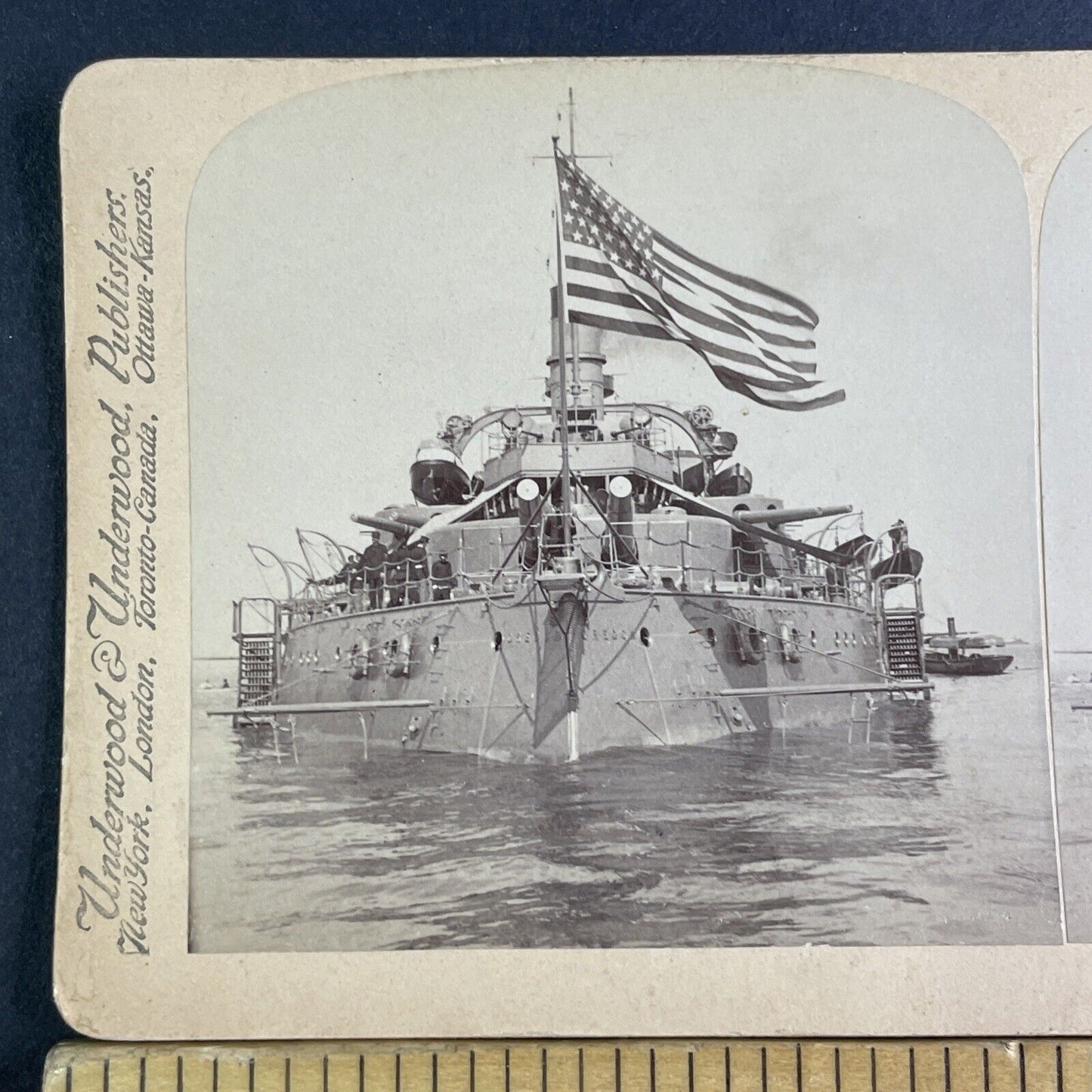 USS Oregon Navy Battleship Stereoview American Flag Antique c1899 X3123