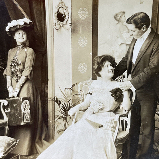 Antique 1902 New Maid Flirts With Married Man Stereoview Photo Card P2909