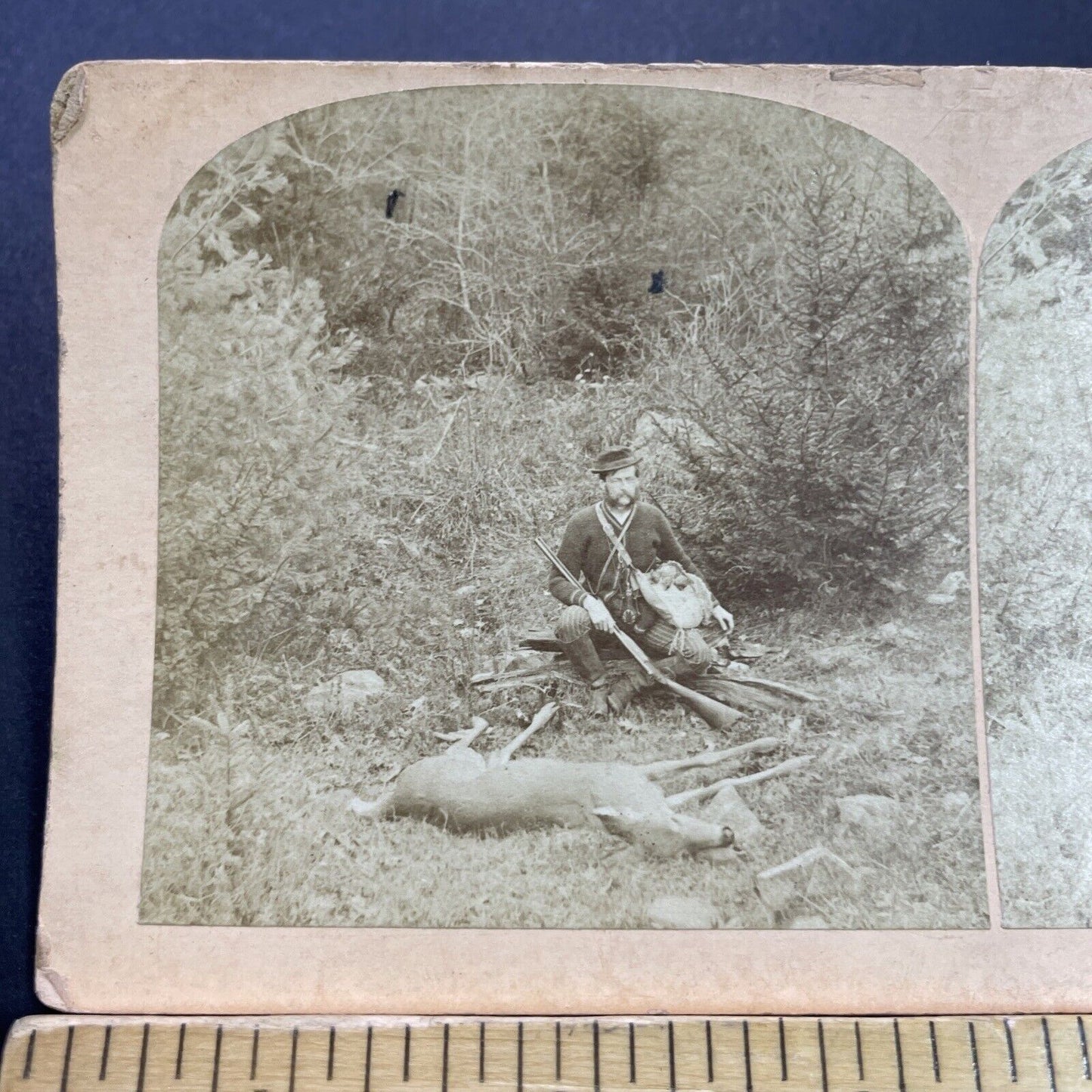 Antique 1880s New Hampshire Hunter Kills Deer Stereoview Photo Card P3514