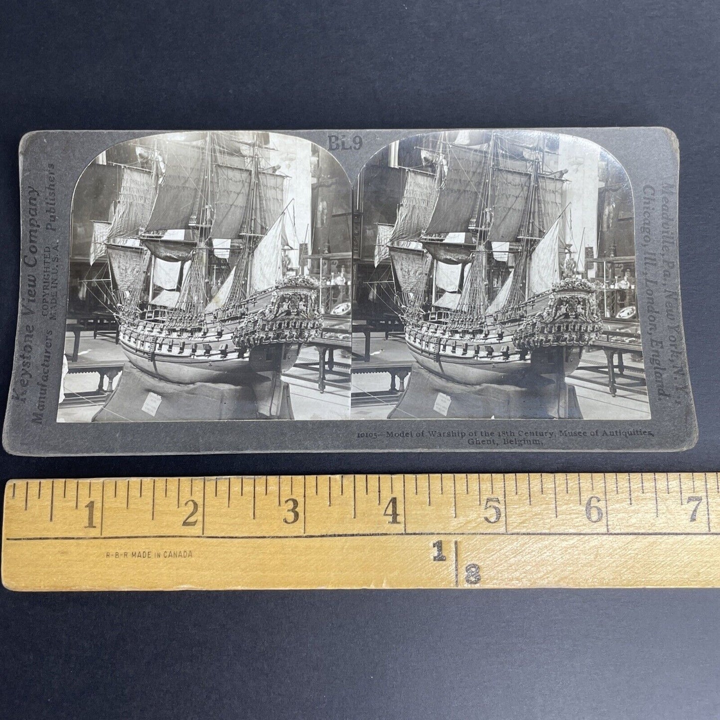 Antique 1901 18th Century Warship Model Ghent Belgium Stereoview Photo Card P950