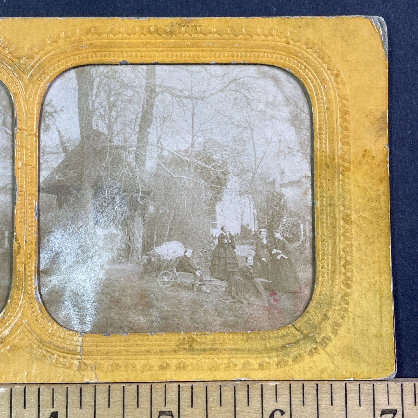 Children Playing In York Ontario Stereoview French Tissue Antique c1850s XT2115