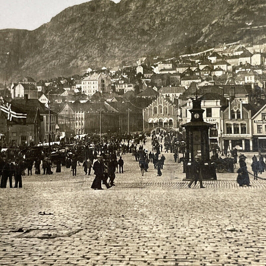 Antique 1890s Farmers Market In Bergen Norway Stereoview Photo Card P1558