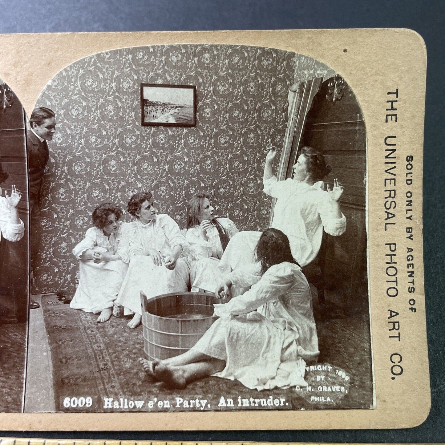 Antique 1890s Man Spies On Bathing Women Stereoview Photo Card P3396