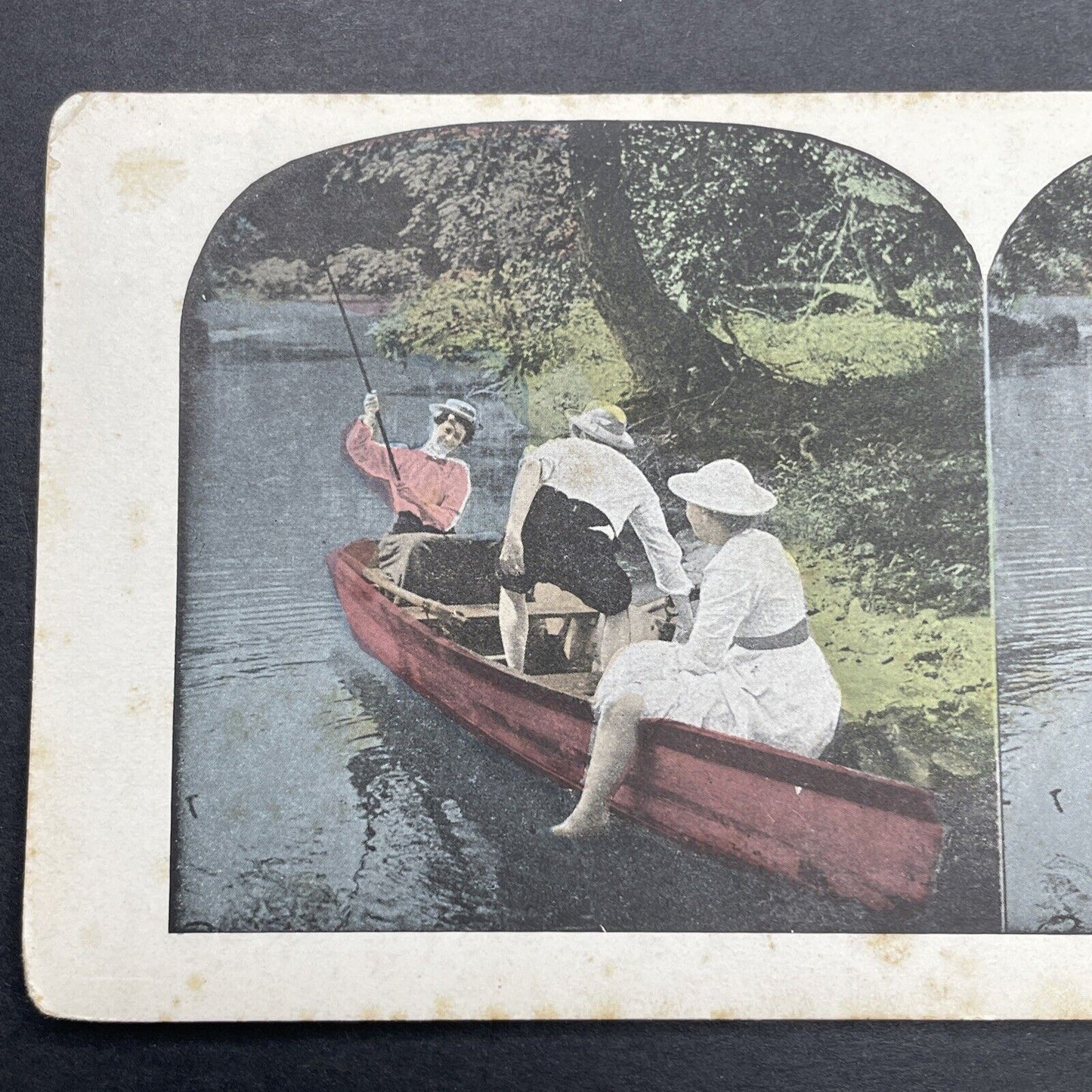 Antique 1890s Woman Hooks Man's Rear End Fishing Stereoview Photo Card P1138