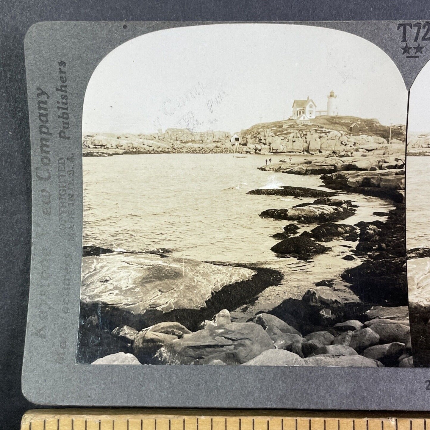 Cape Neddick Lighthouse York Nubble Maine Stereoview Antique c1910s Y1160