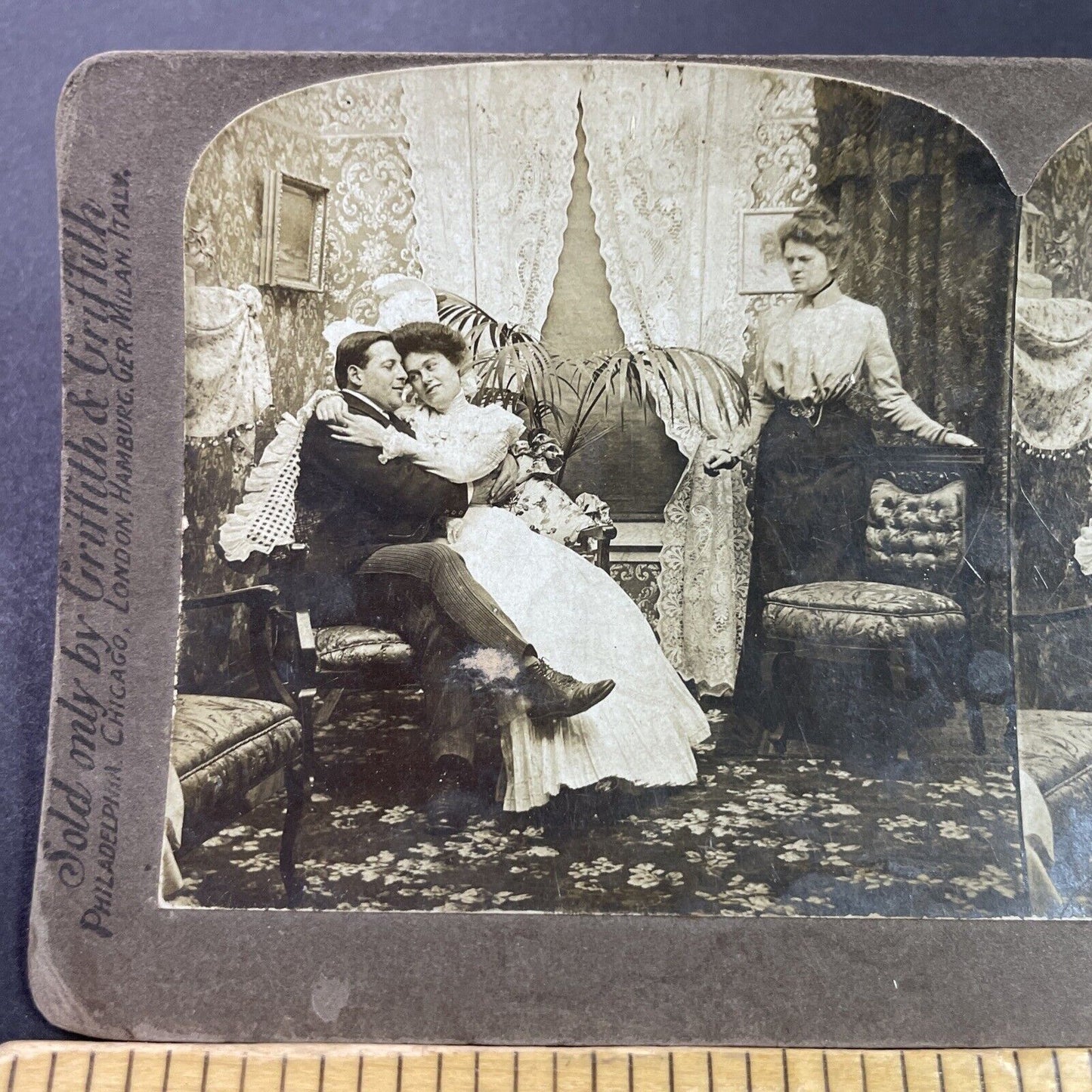 Antique 1900 Man Gets Caught Cheating On Wife Stereoview Photo Card P3430