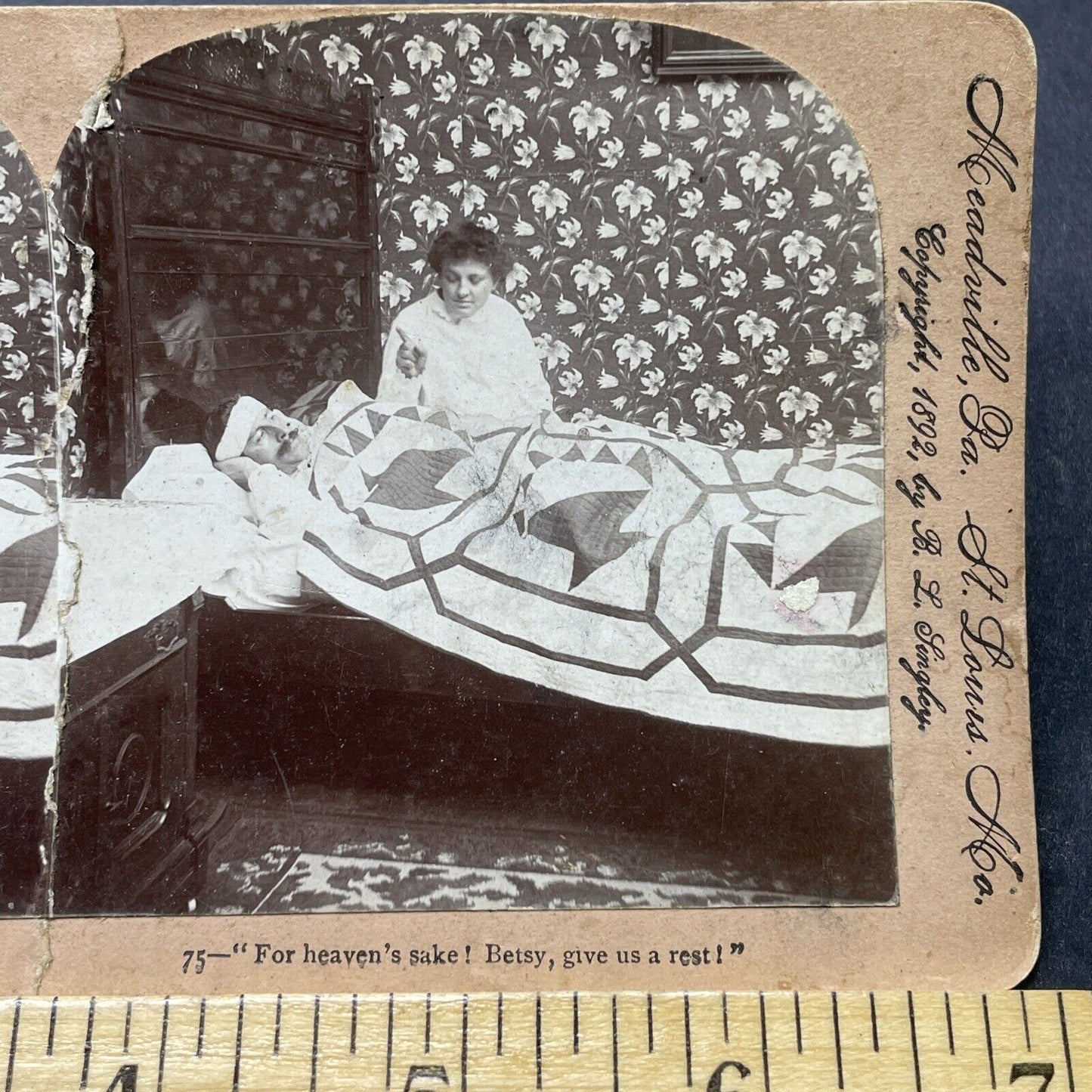 Antique 1892 Woman Yells At Hungover Drunk Man Stereoview Photo Card P2619