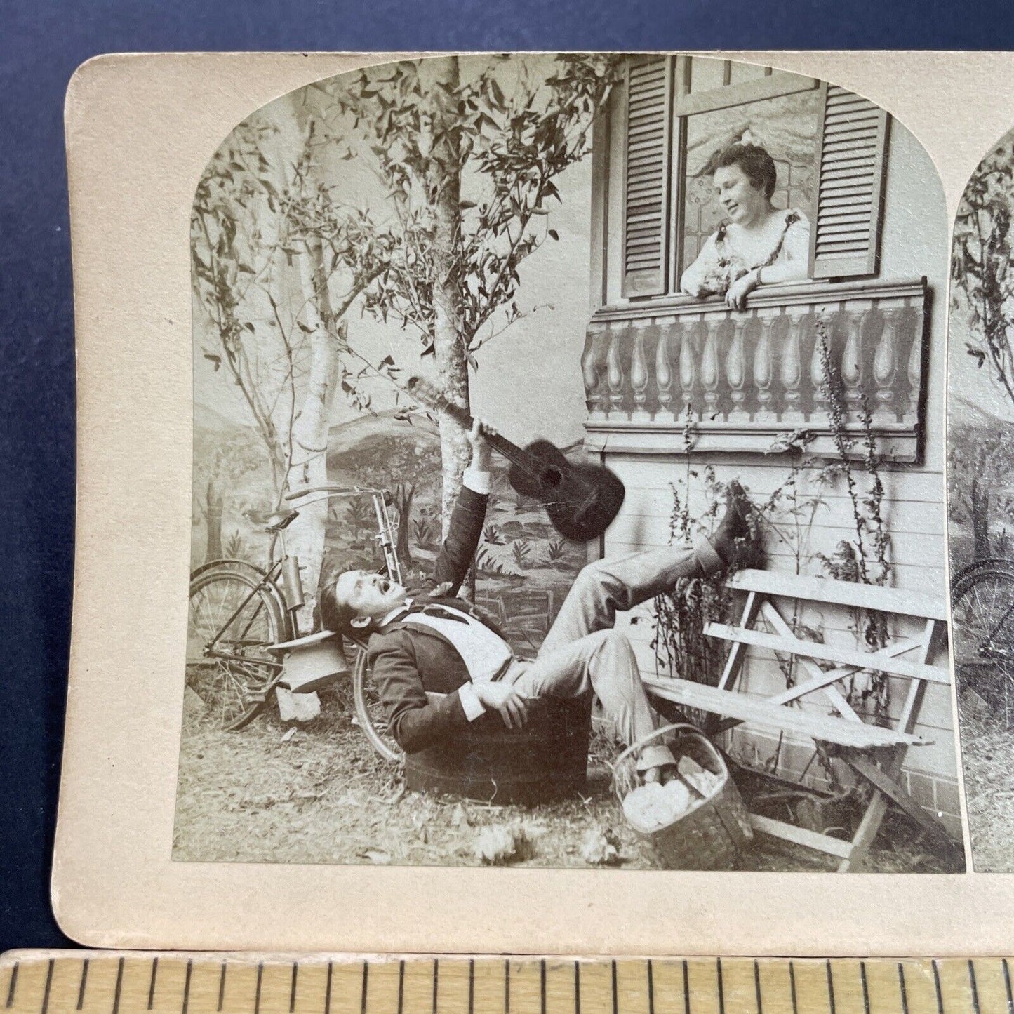 Antique 1870s Guitarist Falls From Window Stereoview Photo Card P4106