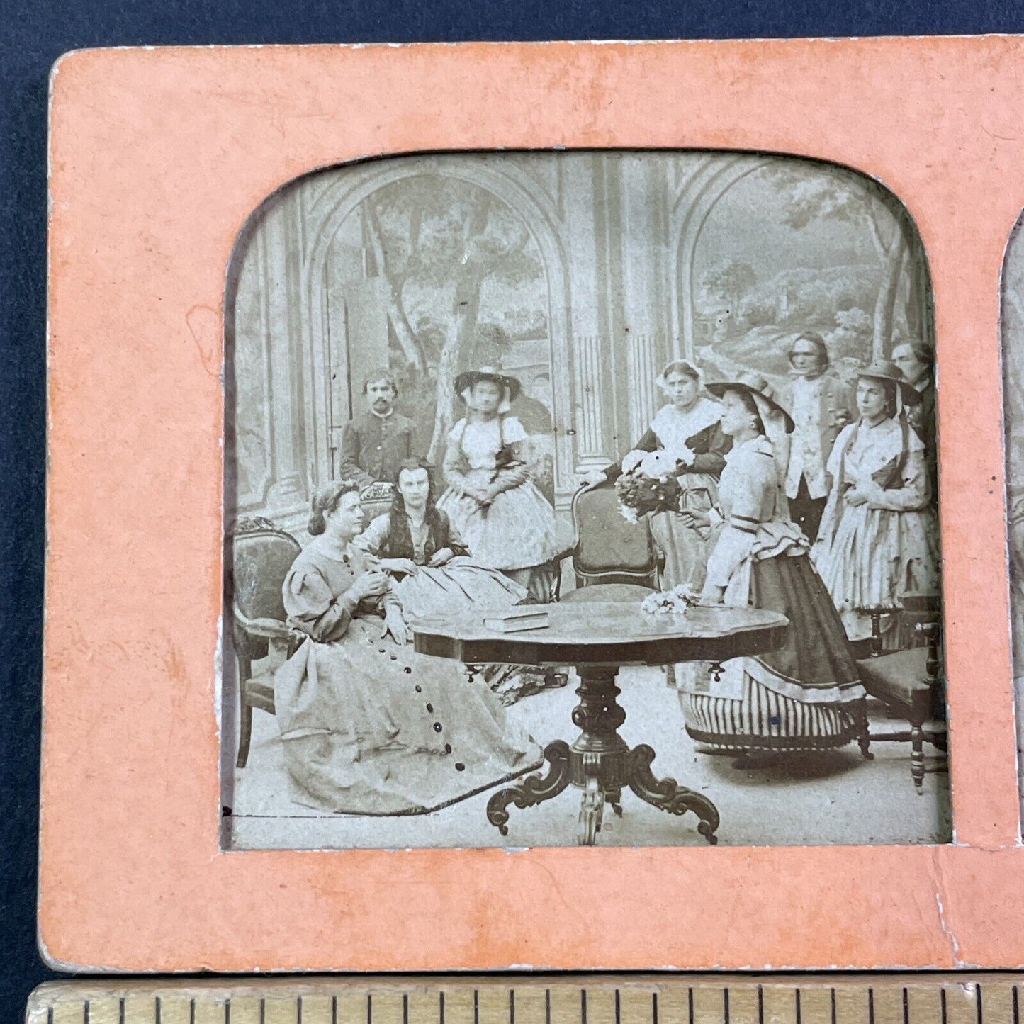 Flowers Brought To Bridal Shower Stereoview French Tissue Antique c1850s XT2103