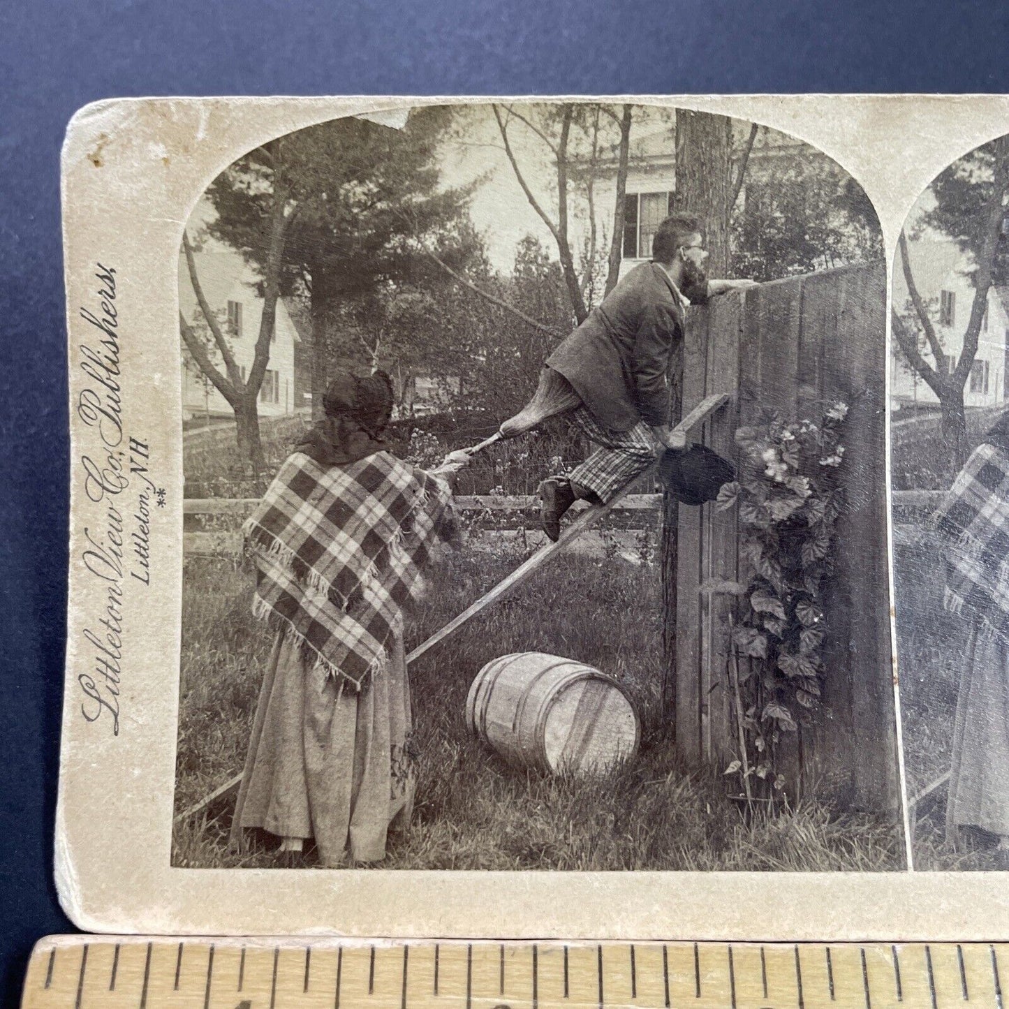 Antique 1891 Man & Woman Climb Over Fence Stereoview Photo Card P4083