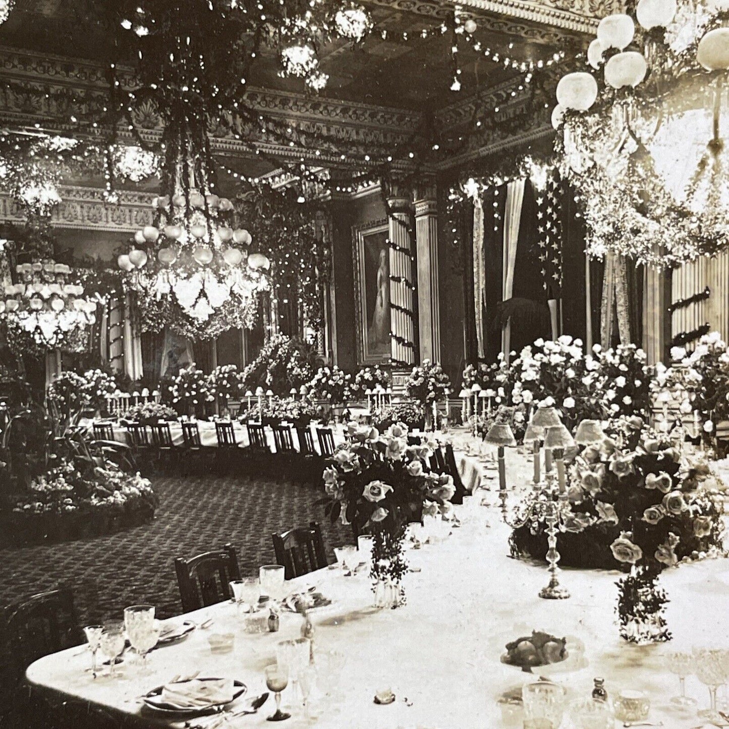 East Room White House Dinner Stereoview Washington D.C. Antique c1902 Y420