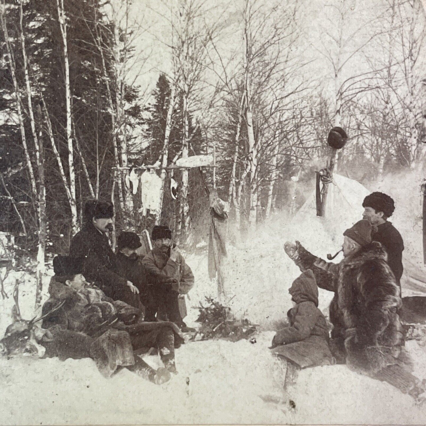 Hunters at a Winter Campfire Stereoview Strohmeyer Antique c1894 Y1390