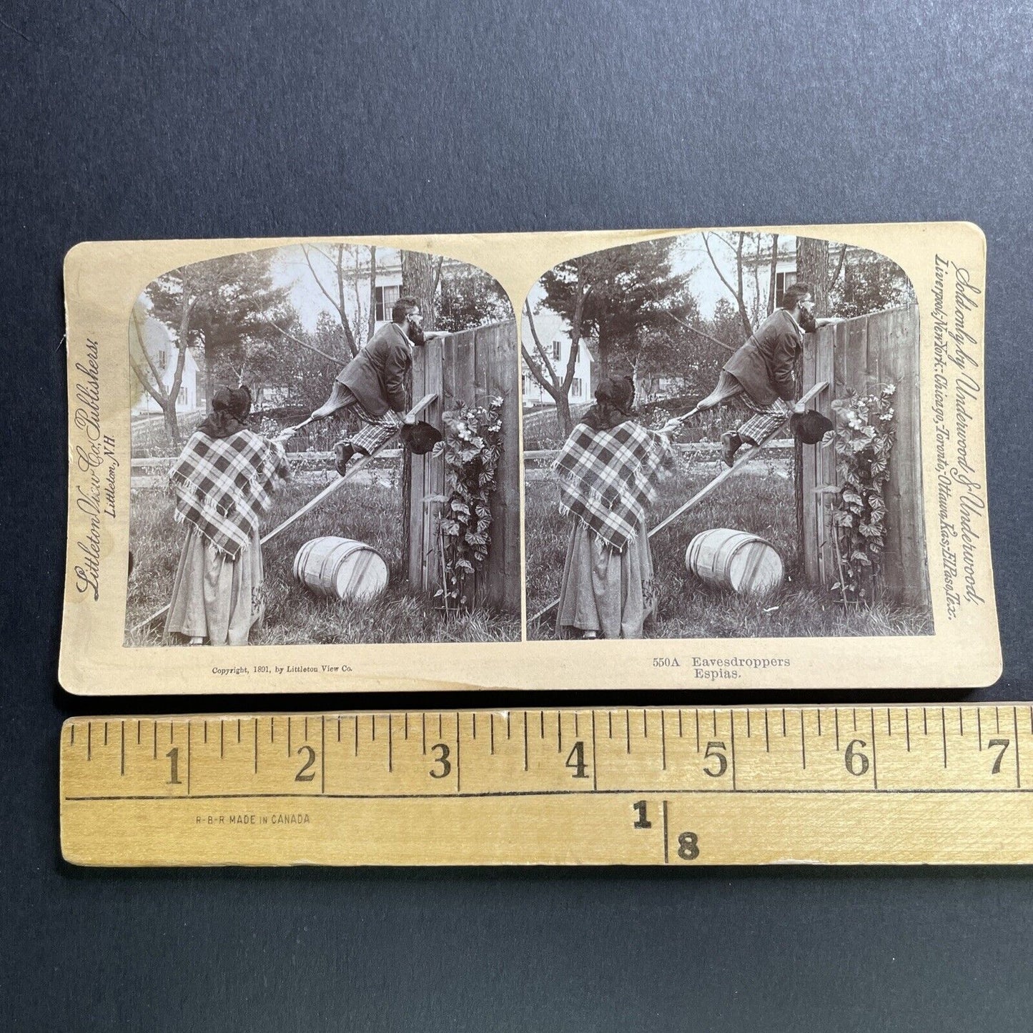 Antique 1891 Husband And Wife Spy On Neighbors Stereoview Photo Card P1647