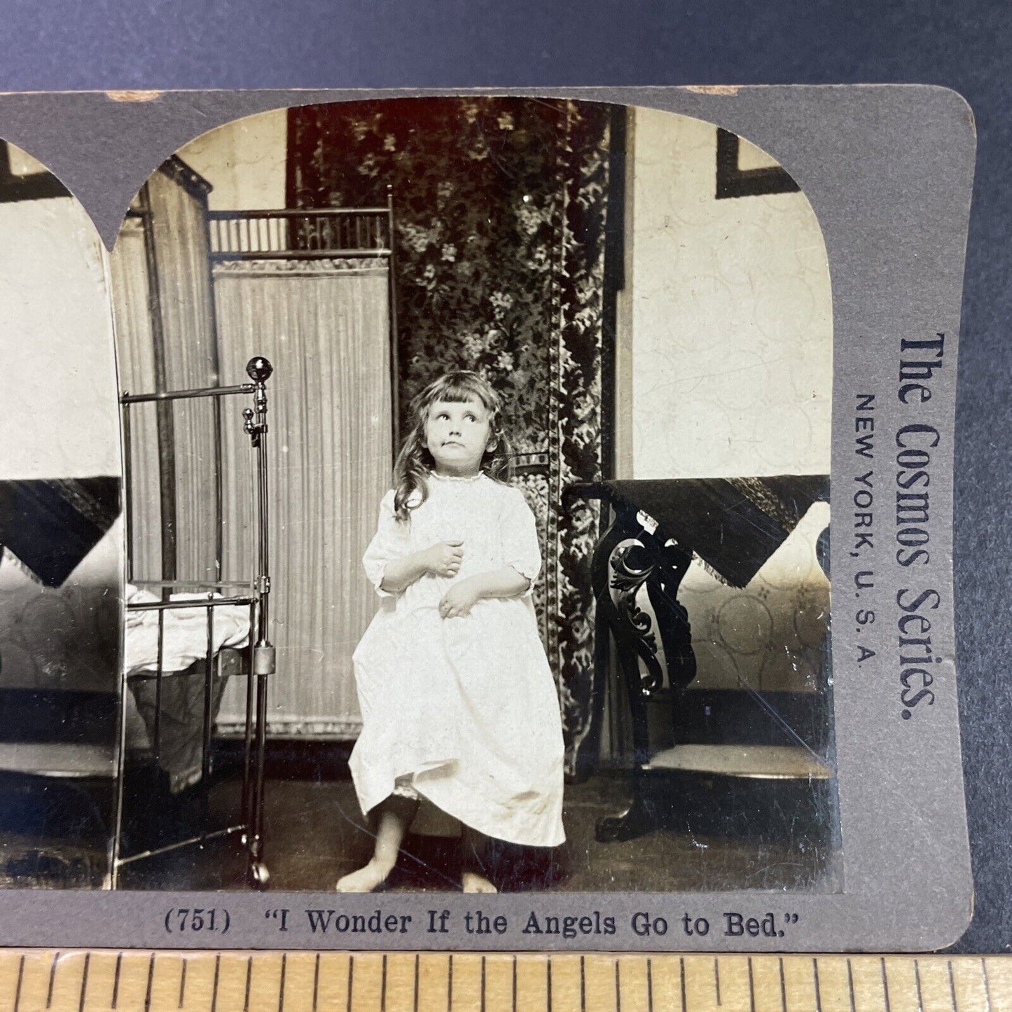 Antique 1890s Victorian Child Prepares For Bedtime Stereoview Photo Card P3438