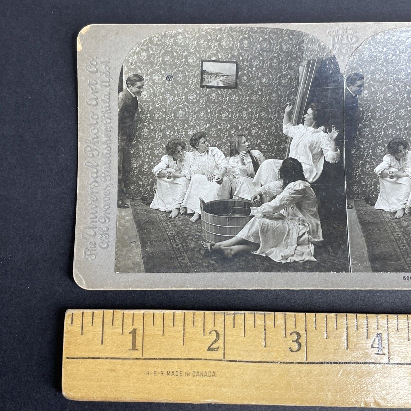 Antique 1899 Man Spying On Women Changing Stereoview Photo Card PC809